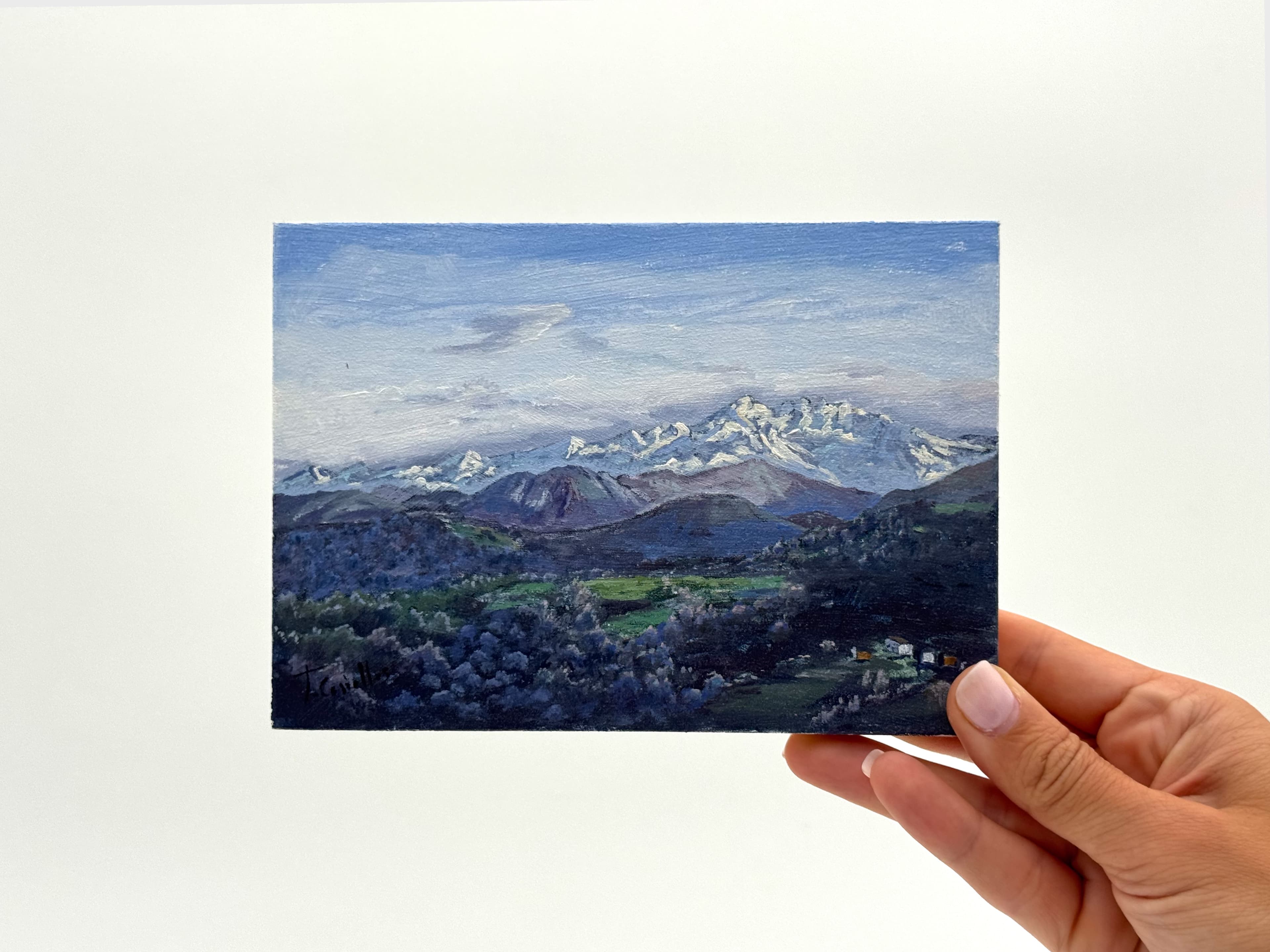 Picos de Europa desde Biedes, óleo de Tere Casielles. Biedes, Piloña, Asturias.